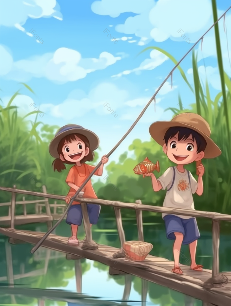 假期节日河边玩耍钓鱼儿童手绘插画图,插画/手绘图,插画/手绘图库,插画/手绘图下载,插画/手绘